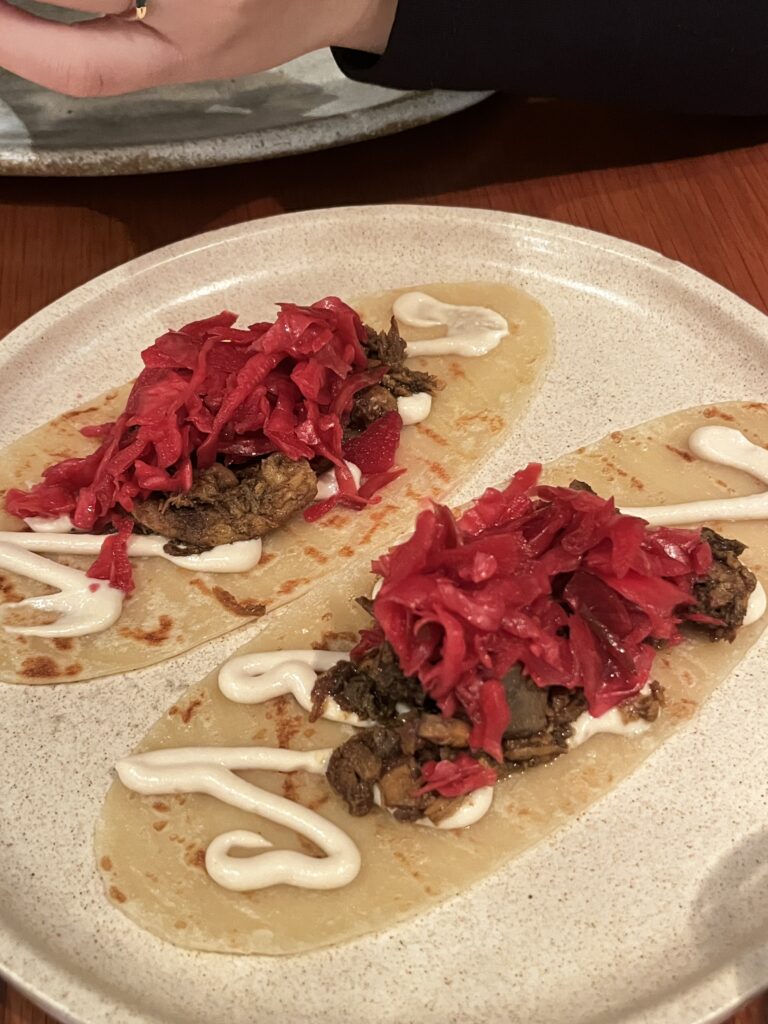 chicken bits shawarma with yoghurt bread and picked red cabbage
